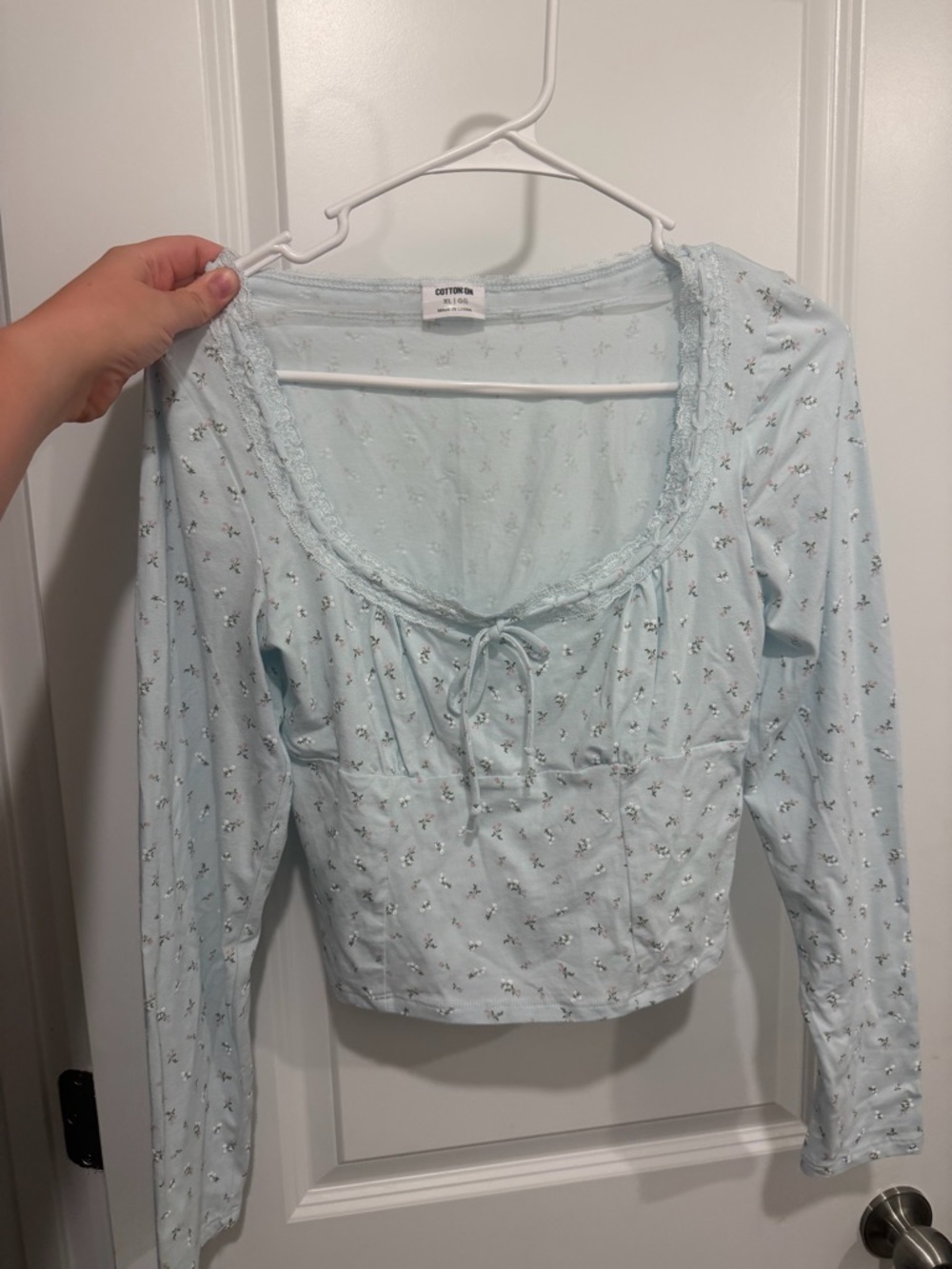 Cotton On Pale Blue Floral Scoop-Neck Long Sleeve Crop Top